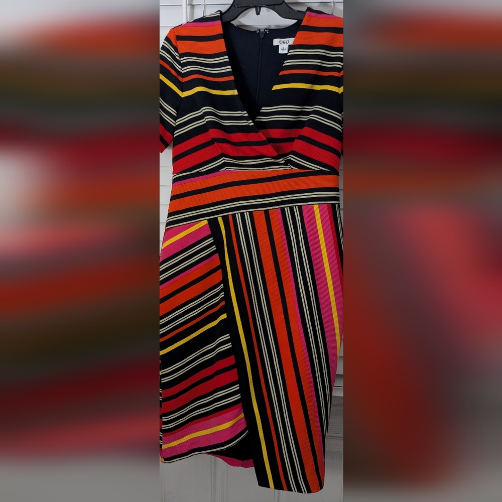 Cato Ladies Dress Faux Wrap Multicolor Stripped Fit and Flare Midi Dress Size 12